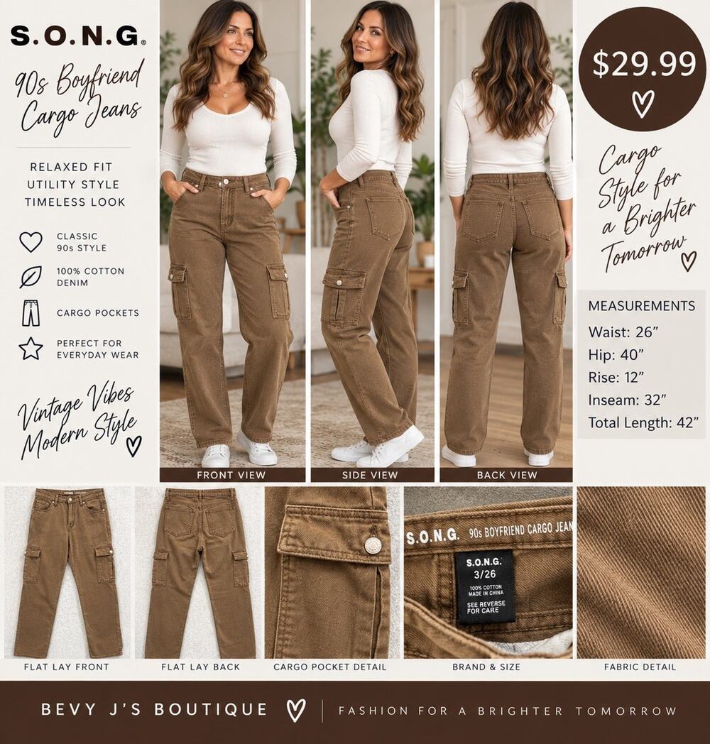 S.O.N.G. 90s Boyfriend Cargo Jeans Women’s 3/26 Brown Utility Straight Leg EUC